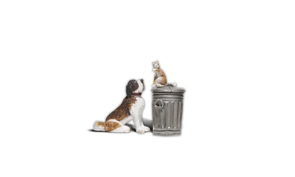 Dog w/Cat On Trashcan